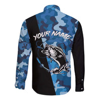 Custom Blue Camo Bass Fishing Long Sleeve Button Shirt Fishing Rod Graphic Design - Wonder Print Shop
