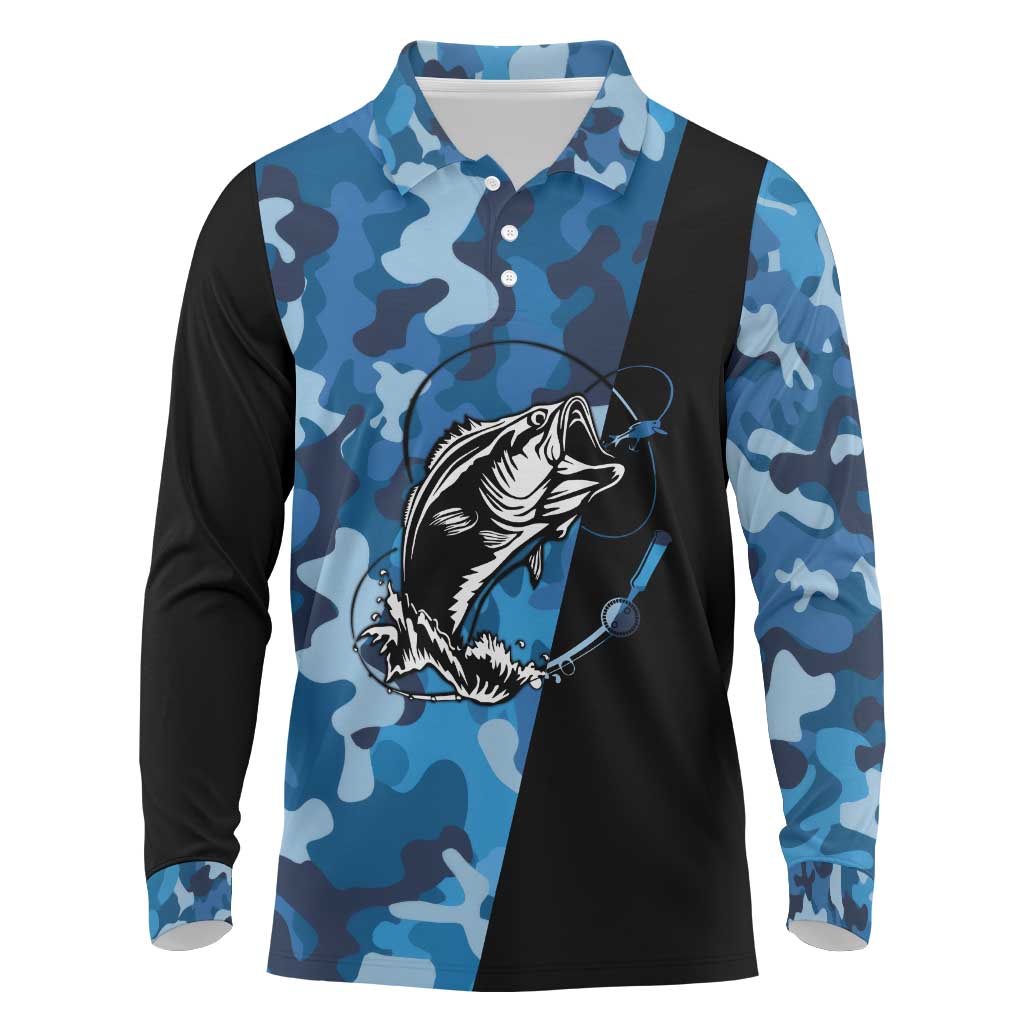 Custom Blue Camo Bass Fishing Long Sleeve Polo Shirt Fishing Rod Graphic Design - Wonder Print Shop