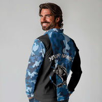 Custom Blue Camo Bass Fishing Long Sleeve Polo Shirt Fishing Rod Graphic Design - Wonder Print Shop