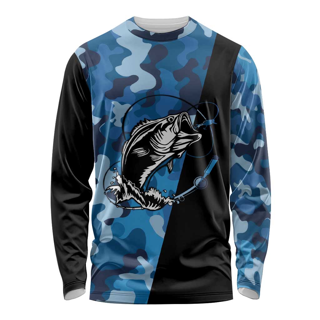 Custom Blue Camo Bass Fishing Long Sleeve Shirt Fishing Rod Graphic Design - Wonder Print Shop