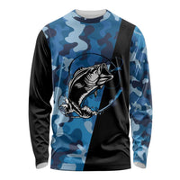 Custom Blue Camo Bass Fishing Long Sleeve Shirt Fishing Rod Graphic Design - Wonder Print Shop
