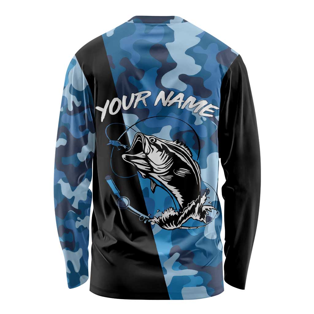 Custom Blue Camo Bass Fishing Long Sleeve Shirt Fishing Rod Graphic Design - Wonder Print Shop