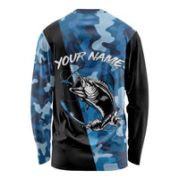 Custom Blue Camo Bass Fishing Long Sleeve Shirt Fishing Rod Graphic Design - Wonder Print Shop