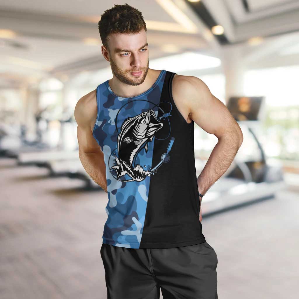 Custom Blue Camo Bass Fishing Men Tank Top Fishing Rod Graphic Design - Wonder Print Shop