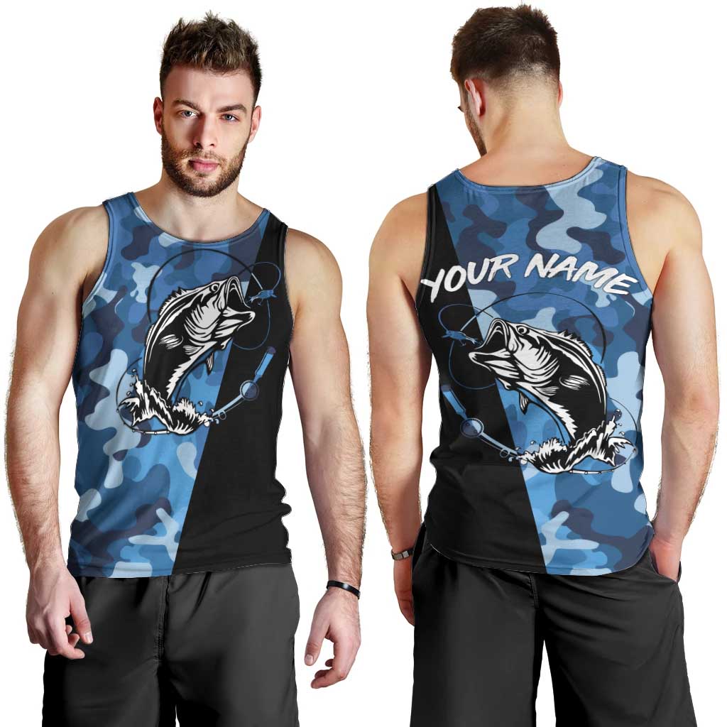 Custom Blue Camo Bass Fishing Men Tank Top Fishing Rod Graphic Design - Wonder Print Shop