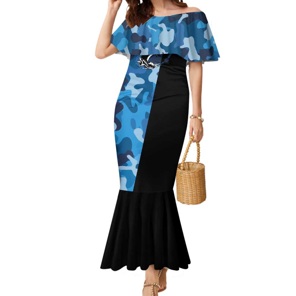 Custom Blue Camo Bass Fishing Mermaid Dress Fishing Rod Graphic Design - Wonder Print Shop