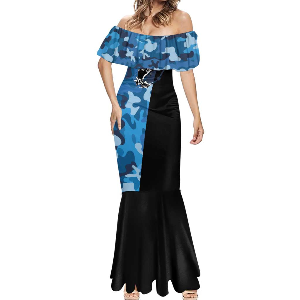 Custom Blue Camo Bass Fishing Mermaid Dress Fishing Rod Graphic Design - Wonder Print Shop