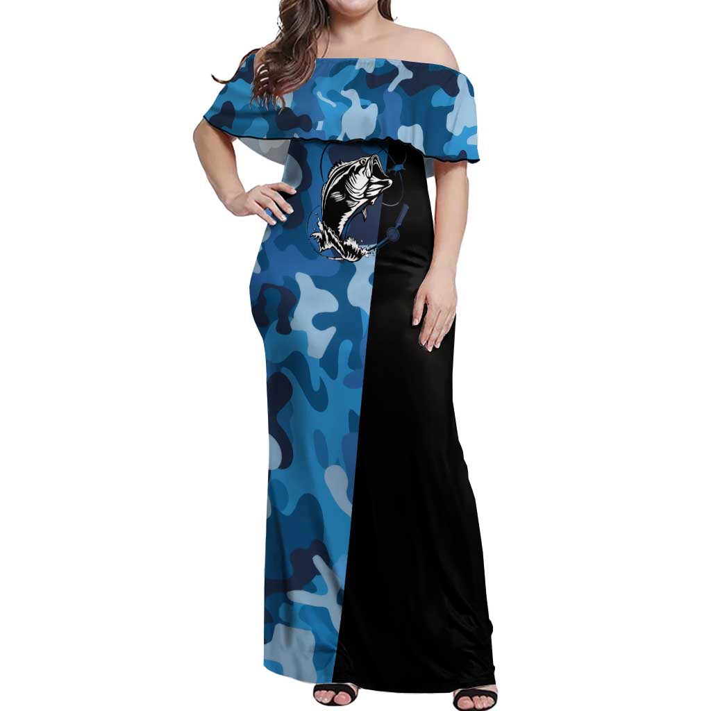 Custom Blue Camo Bass Fishing Off Shoulder Maxi Dress Fishing Rod Graphic Design - Wonder Print Shop