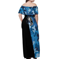Custom Blue Camo Bass Fishing Off Shoulder Maxi Dress Fishing Rod Graphic Design - Wonder Print Shop