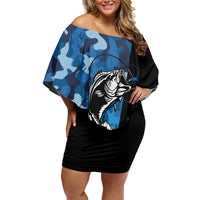 Custom Blue Camo Bass Fishing Off Shoulder Short Dress Fishing Rod Graphic Design - Wonder Print Shop