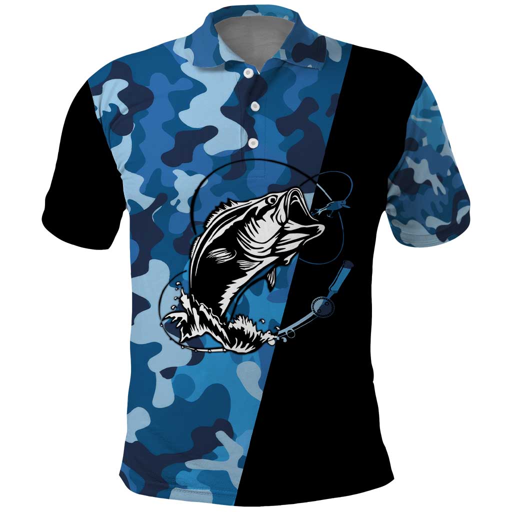 Custom Blue Camo Bass Fishing Polo Shirt Fishing Rod Graphic Design - Wonder Print Shop