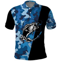 Custom Blue Camo Bass Fishing Polo Shirt Fishing Rod Graphic Design - Wonder Print Shop
