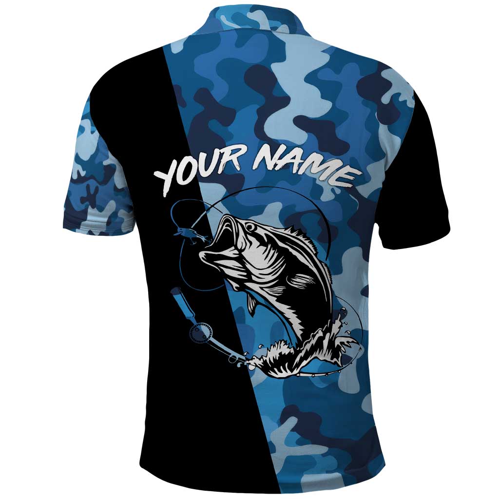 Custom Blue Camo Bass Fishing Polo Shirt Fishing Rod Graphic Design - Wonder Print Shop