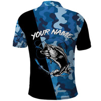 Custom Blue Camo Bass Fishing Polo Shirt Fishing Rod Graphic Design - Wonder Print Shop