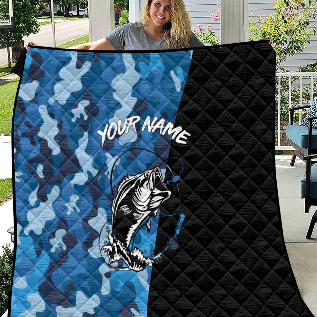 Custom Blue Camo Bass Fishing Quilt Fishing Rod Graphic Design - Wonder Print Shop