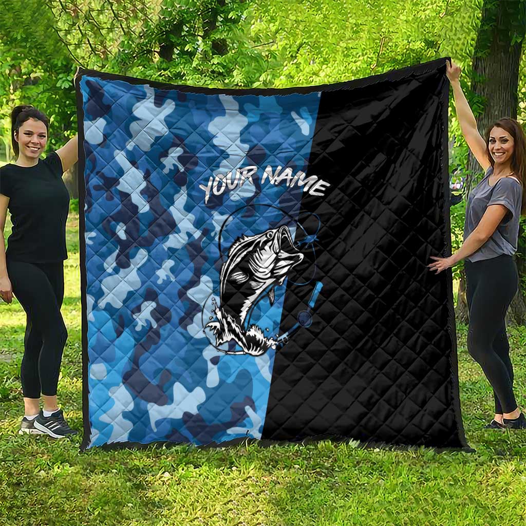Custom Blue Camo Bass Fishing Quilt Fishing Rod Graphic Design - Wonder Print Shop