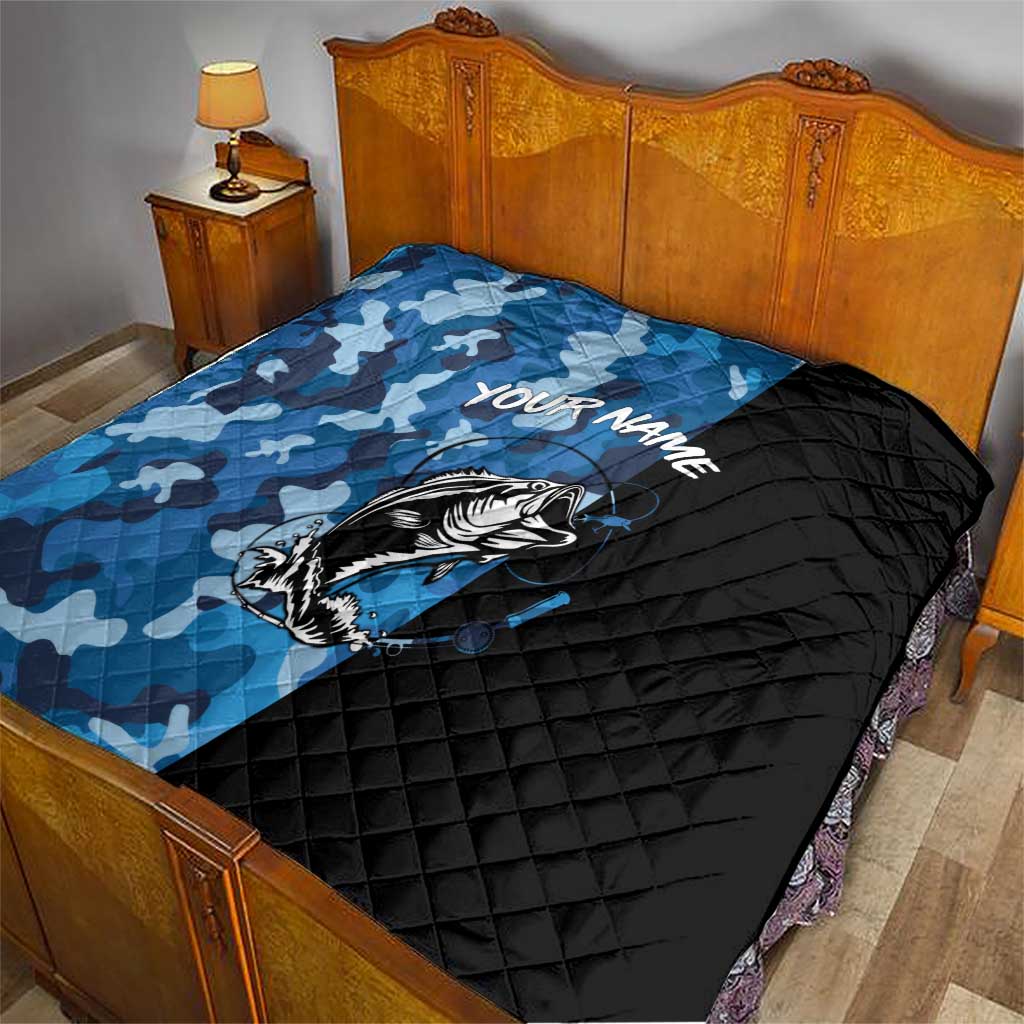 Custom Blue Camo Bass Fishing Quilt Fishing Rod Graphic Design - Wonder Print Shop