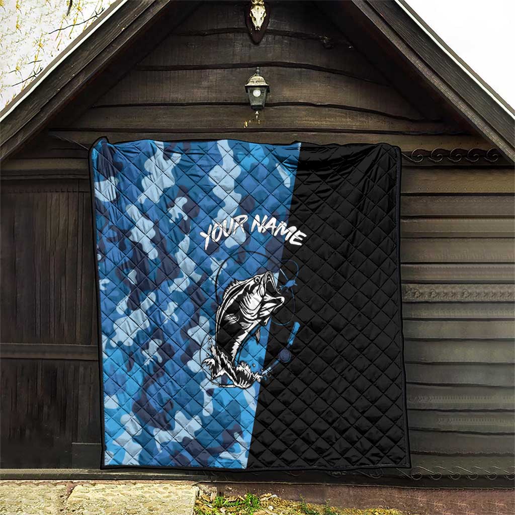 Custom Blue Camo Bass Fishing Quilt Fishing Rod Graphic Design - Wonder Print Shop