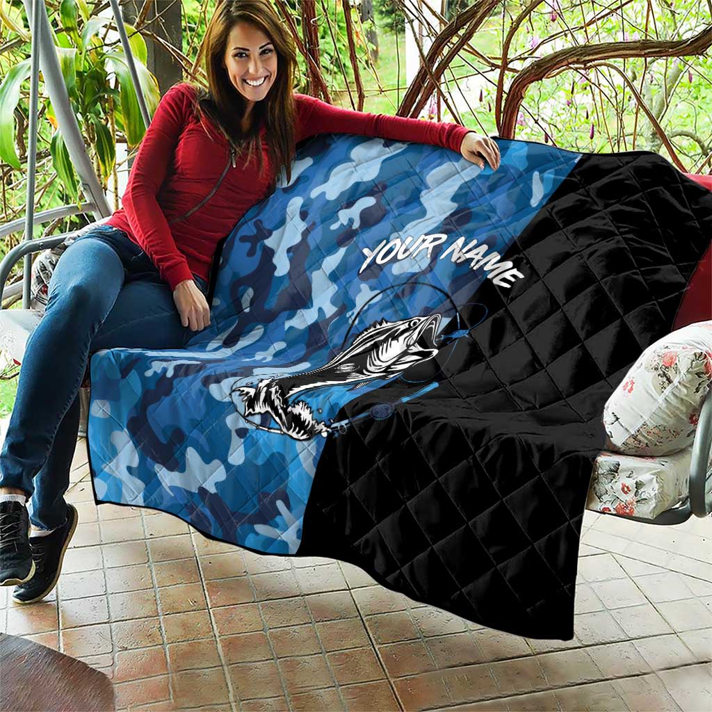 Custom Blue Camo Bass Fishing Quilt Fishing Rod Graphic Design - Wonder Print Shop