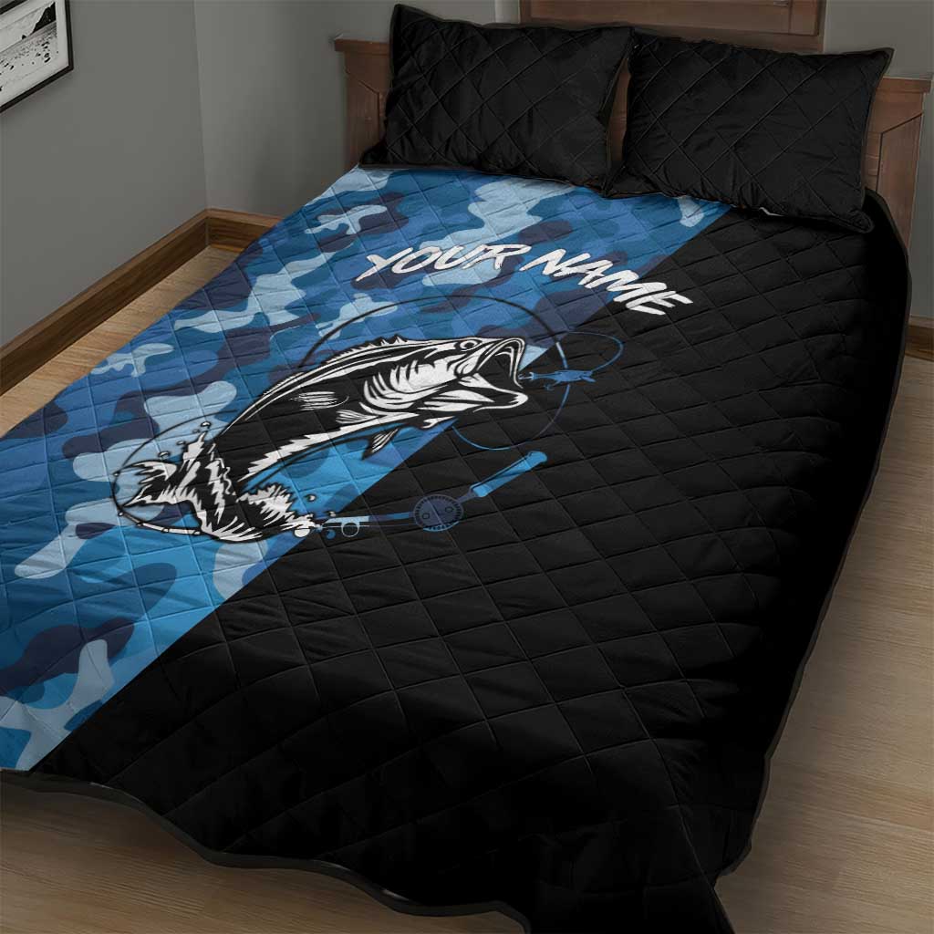 Custom Blue Camo Bass Fishing Quilt Bed Set Fishing Rod Graphic Design - Wonder Print Shop