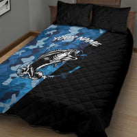 Custom Blue Camo Bass Fishing Quilt Bed Set Fishing Rod Graphic Design - Wonder Print Shop