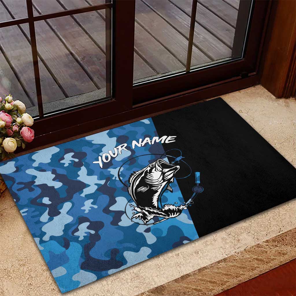 Custom Blue Camo Bass Fishing Rubber Doormat Fishing Rod Graphic Design - Wonder Print Shop