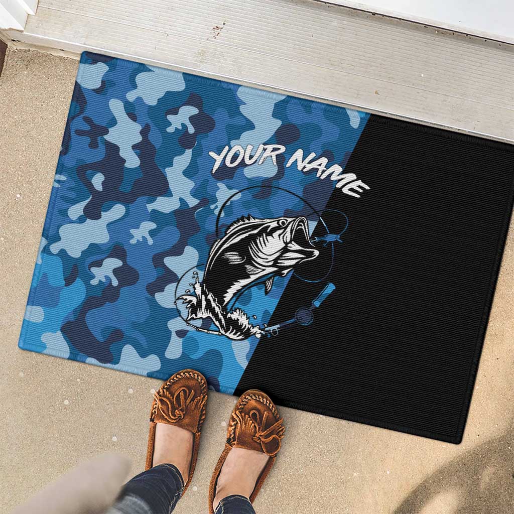 Custom Blue Camo Bass Fishing Rubber Doormat Fishing Rod Graphic Design - Wonder Print Shop