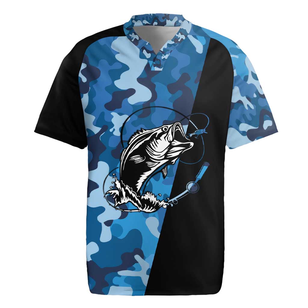 Custom Blue Camo Bass Fishing Rugby Jersey Fishing Rod Graphic Design - Wonder Print Shop
