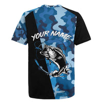Custom Blue Camo Bass Fishing Rugby Jersey Fishing Rod Graphic Design - Wonder Print Shop