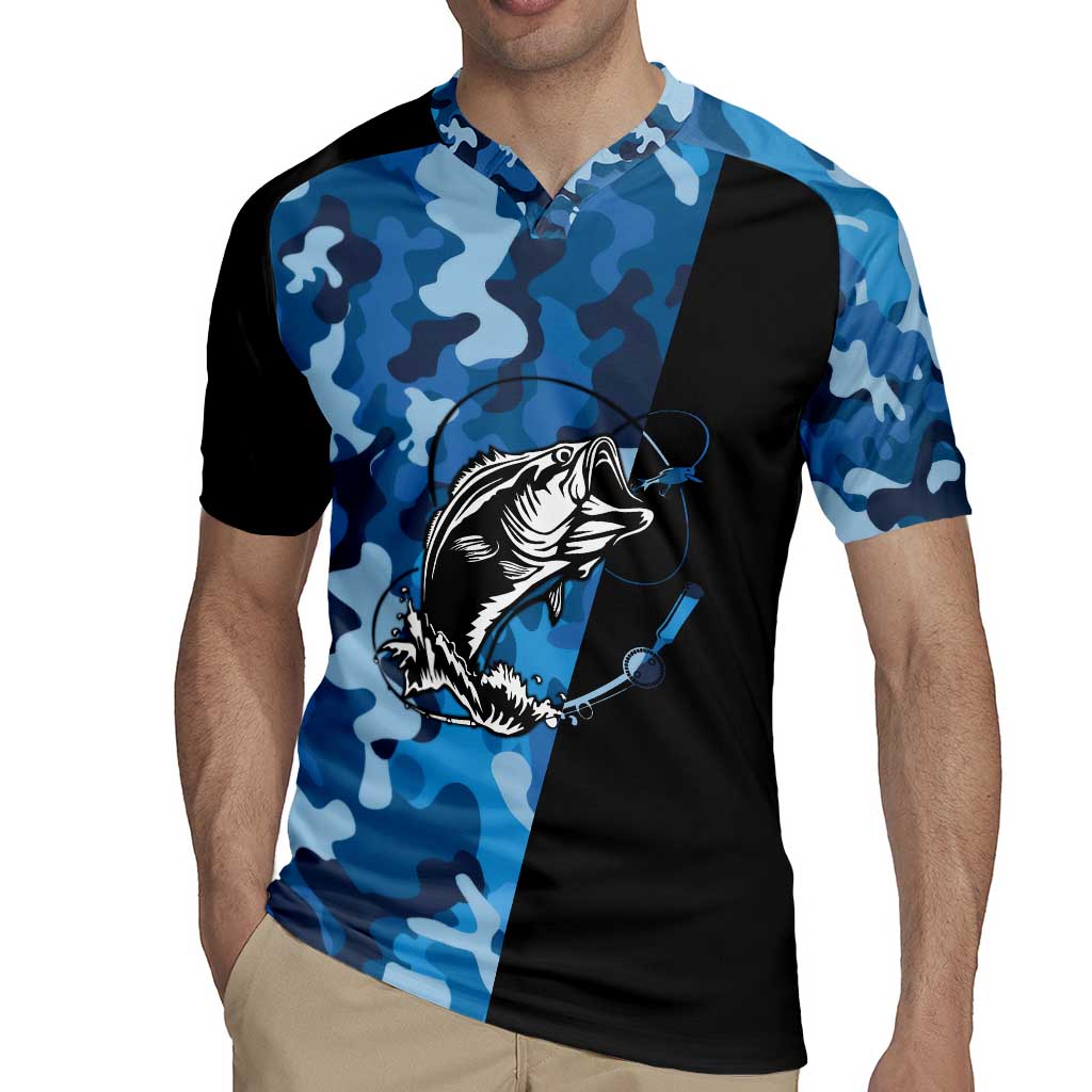 Custom Blue Camo Bass Fishing Rugby Jersey Fishing Rod Graphic Design - Wonder Print Shop