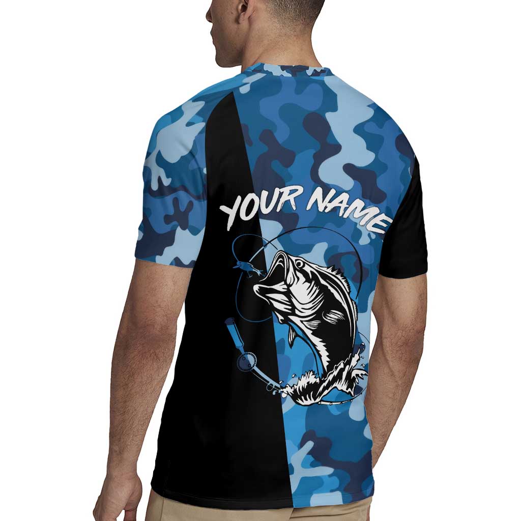 Custom Blue Camo Bass Fishing Rugby Jersey Fishing Rod Graphic Design - Wonder Print Shop