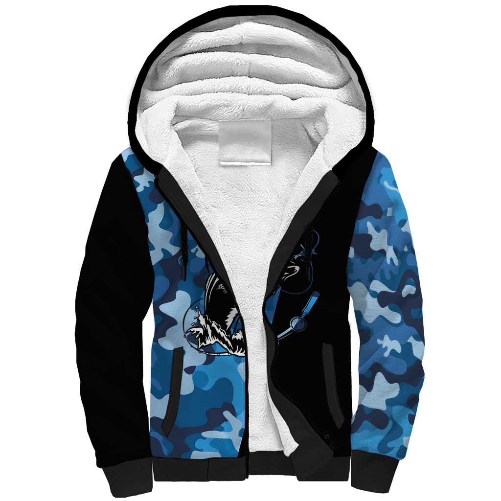 Custom Blue Camo Bass Fishing Sherpa Hoodie Fishing Rod Graphic Design - Wonder Print Shop