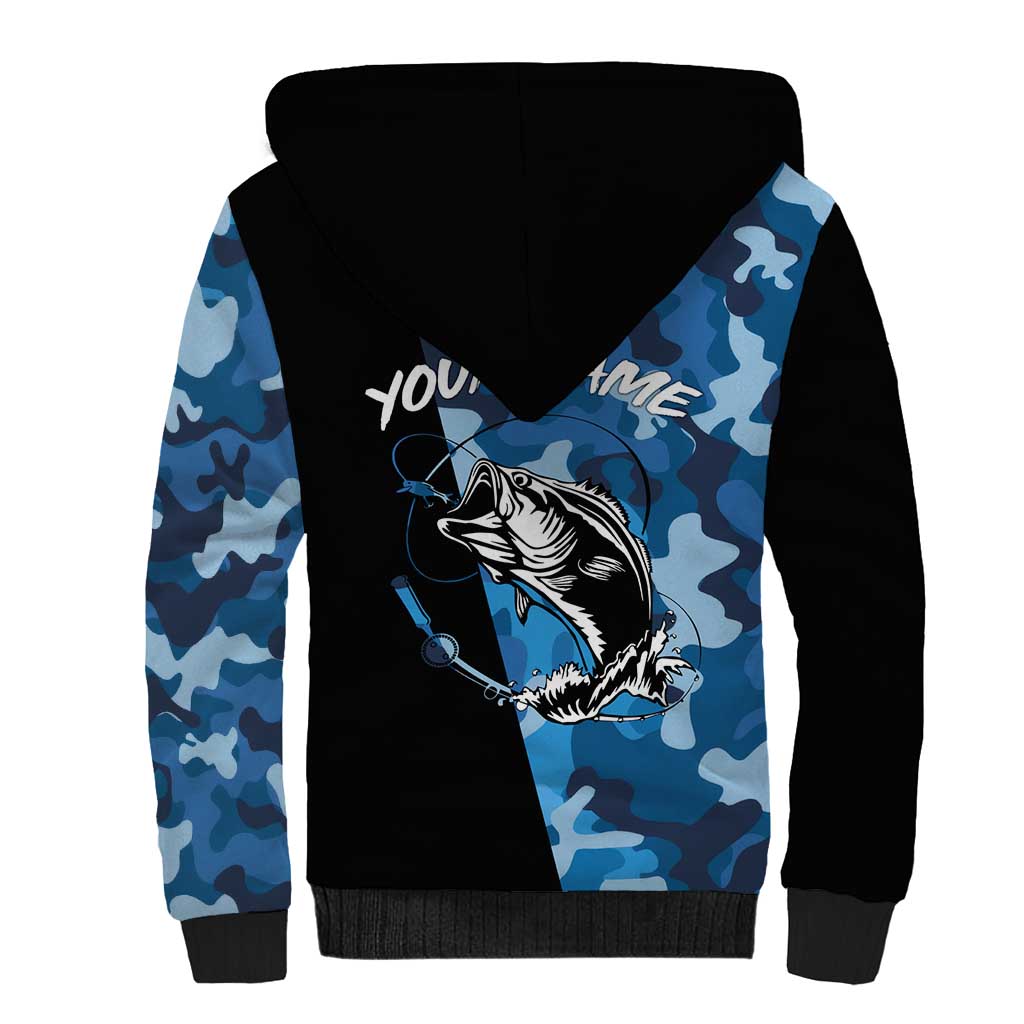 Custom Blue Camo Bass Fishing Sherpa Hoodie Fishing Rod Graphic Design - Wonder Print Shop