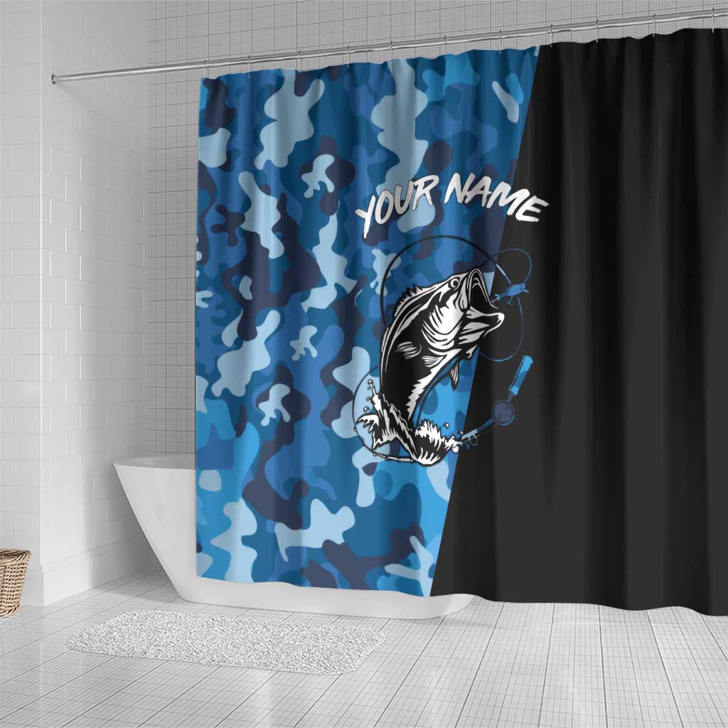 Custom Blue Camo Bass Fishing Shower Curtain Fishing Rod Graphic Design - Wonder Print Shop