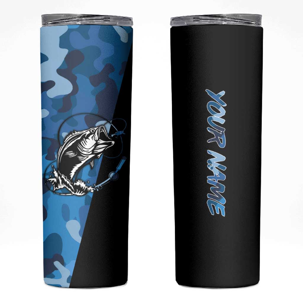 Custom Blue Camo Bass Fishing Skinny Tumbler Fishing Rod Graphic Design - Wonder Print Shop