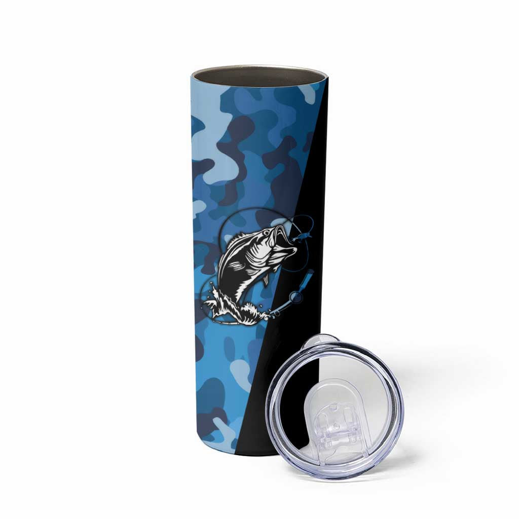 Custom Blue Camo Bass Fishing Skinny Tumbler Fishing Rod Graphic Design - Wonder Print Shop
