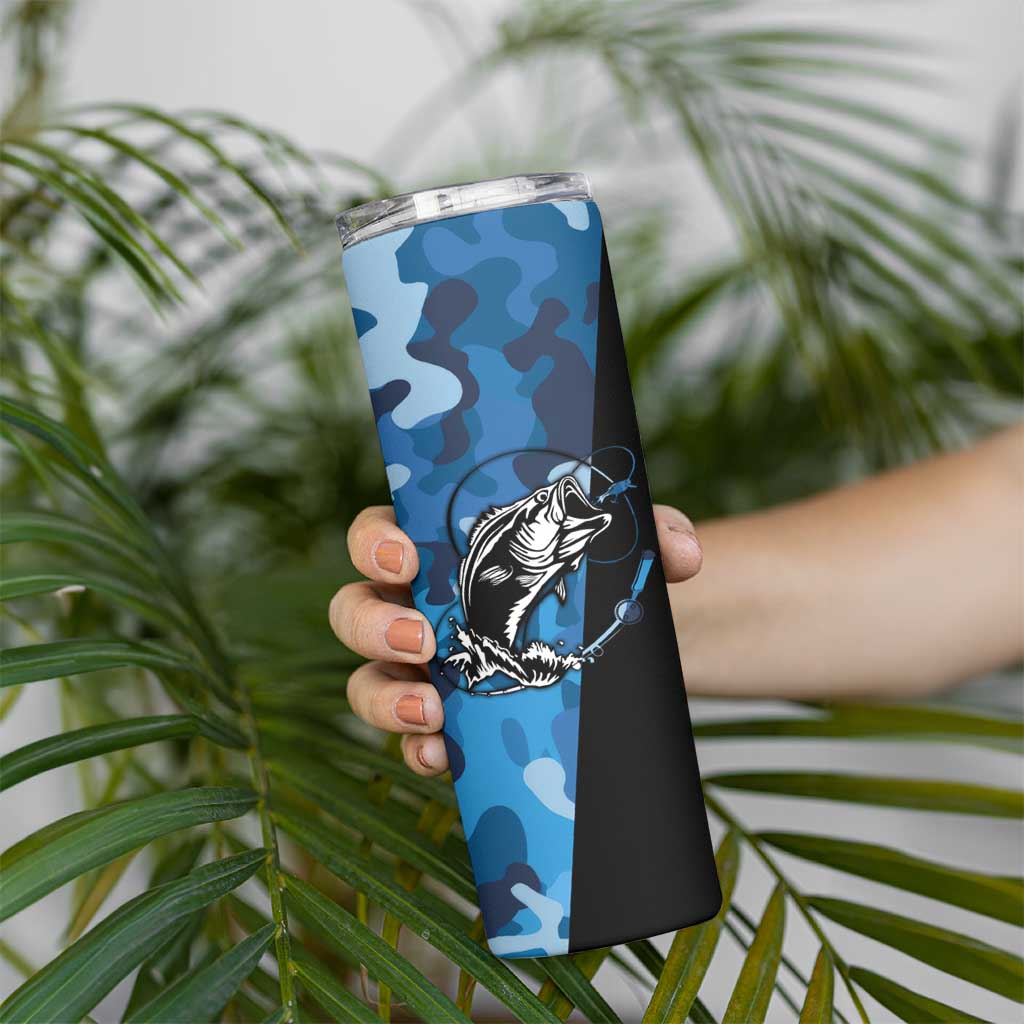 Custom Blue Camo Bass Fishing Skinny Tumbler Fishing Rod Graphic Design - Wonder Print Shop