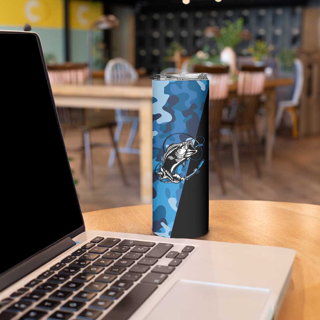 Custom Blue Camo Bass Fishing Skinny Tumbler Fishing Rod Graphic Design - Wonder Print Shop