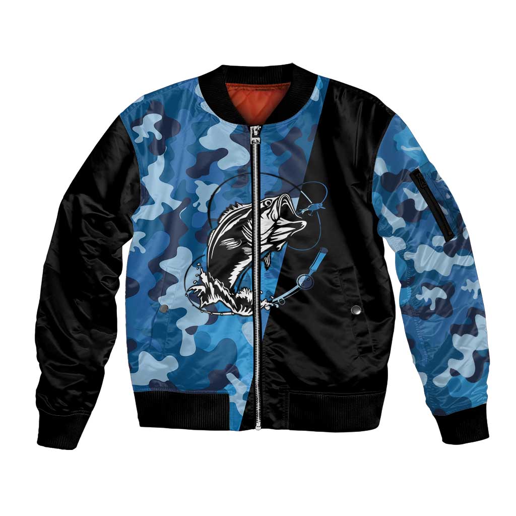 Custom Blue Camo Bass Fishing Sleeve Zip Bomber Jacket Fishing Rod Graphic Design - Wonder Print Shop