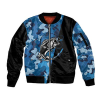Custom Blue Camo Bass Fishing Sleeve Zip Bomber Jacket Fishing Rod Graphic Design - Wonder Print Shop