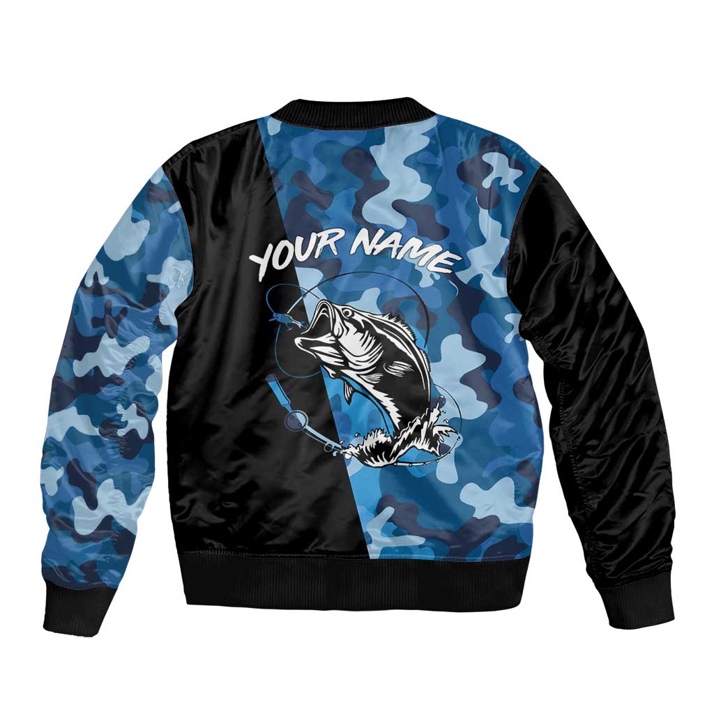 Custom Blue Camo Bass Fishing Sleeve Zip Bomber Jacket Fishing Rod Graphic Design - Wonder Print Shop