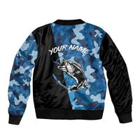 Custom Blue Camo Bass Fishing Sleeve Zip Bomber Jacket Fishing Rod Graphic Design - Wonder Print Shop