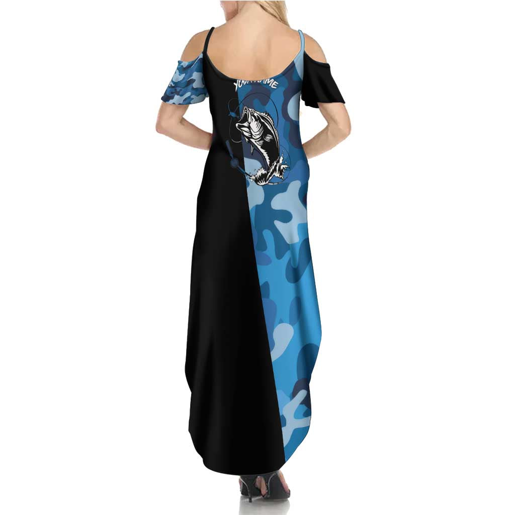 Custom Blue Camo Bass Fishing Summer Maxi Dress Fishing Rod Graphic Design - Wonder Print Shop
