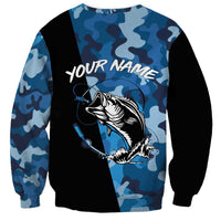 Custom Blue Camo Bass Fishing Sweatshirt Fishing Rod Graphic Design - Wonder Print Shop