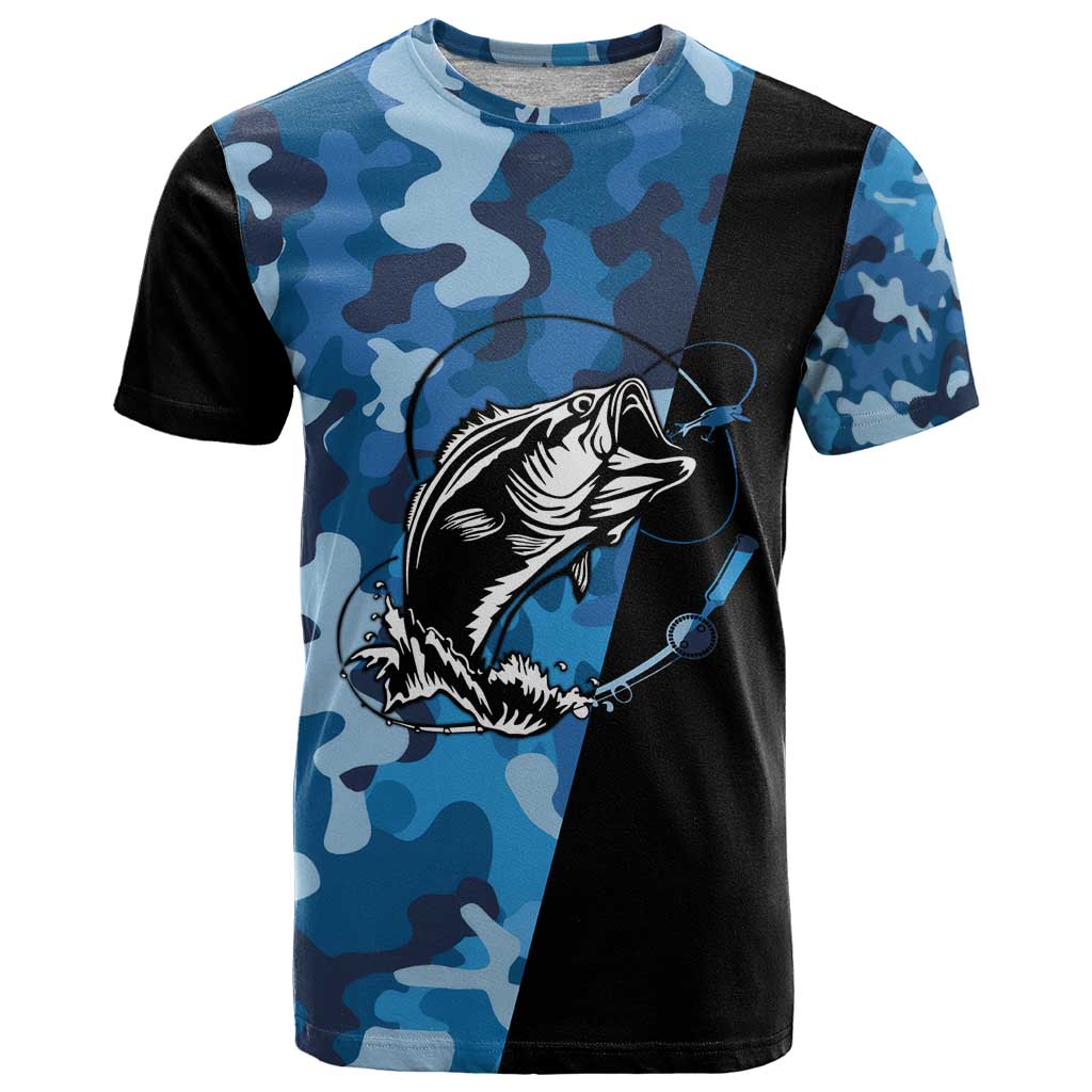 Custom Blue Camo Bass Fishing T Shirt Fishing Rod Graphic Design - Wonder Print Shop