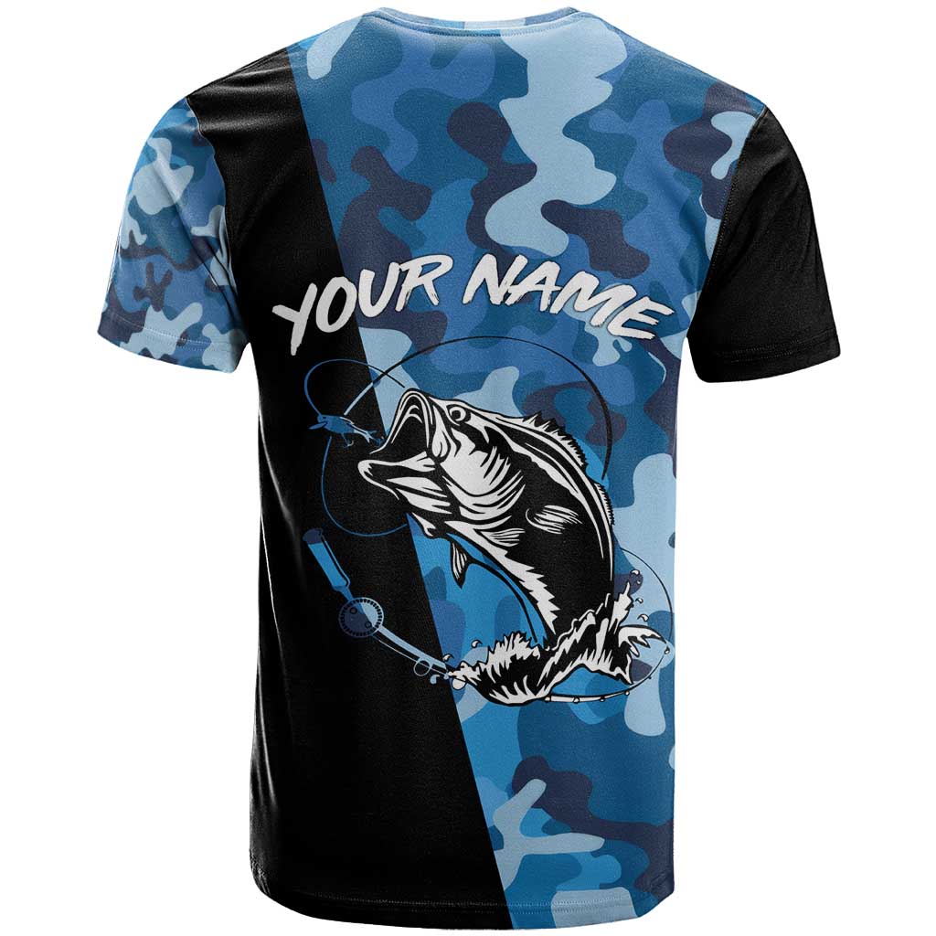 Custom Blue Camo Bass Fishing T Shirt Fishing Rod Graphic Design - Wonder Print Shop