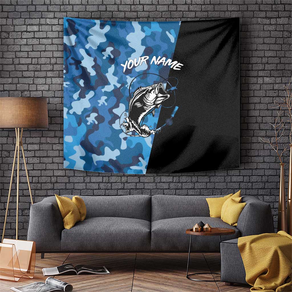 Custom Blue Camo Bass Fishing Tapestry Fishing Rod Graphic Design - Wonder Print Shop