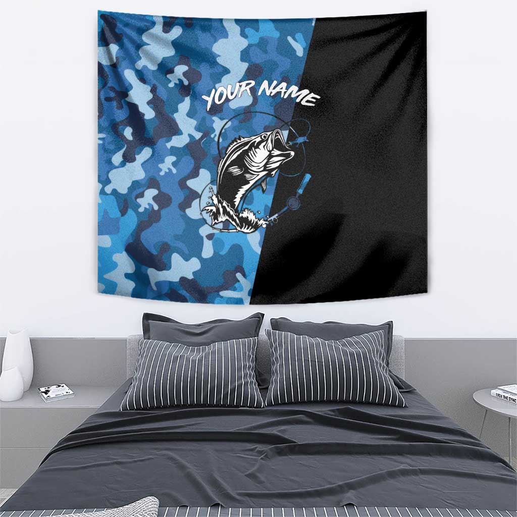 Custom Blue Camo Bass Fishing Tapestry Fishing Rod Graphic Design - Wonder Print Shop