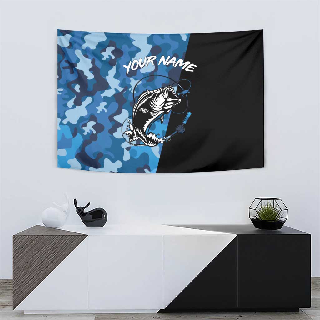 Custom Blue Camo Bass Fishing Tapestry Fishing Rod Graphic Design - Wonder Print Shop