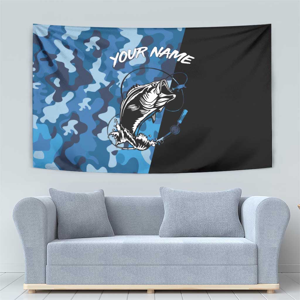 Custom Blue Camo Bass Fishing Tapestry Fishing Rod Graphic Design - Wonder Print Shop